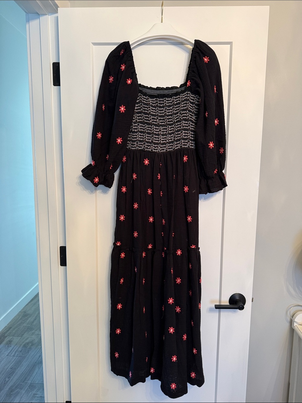 Black Maxi Dress with Pink Floral Embroidery